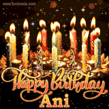A glowing personalized birthday GIF with name Ani featuring lit candles with intricate designs, warm lighting, and the text 'Happy Birthday' in an elegant font.