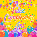 A bright and festive GIF with the text 'Feliz Cumpleaños Ani' in Spanish in colorful fonts, surrounded by confetti, balloons, and festive banners on a vibrant yellow background.