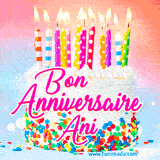 A white birthday cake covered in colorful sprinkles, topped with bright candles, and French text 'Bon Anniversaire Ani' on a pastel gradient background in an animated GIF.