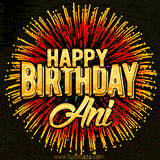 Golden 'Happy Birthday Ani' text accompanied by animated rainbow fireworks for a festive animated greeting.