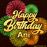 Golden text reading 'Happy Birthday Ani' surrounded by vibrant fireworks in red, green, and yellow, set against a dark background in this celebratory birthday GIF.