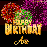 A golden 'Happy Birthday Ani' message with vibrant fireworks in the background, creating a festive and celebratory vibe in this animated name GIF.