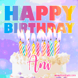 A vibrant animated name GIF with the words 'Happy Birthday Ani' with colorful candles on a creamy cake. The background sparkles with pastel shades, adding a festive touch.