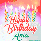 Bright birthday candles with rainbow flames on a cake, alongside the text 'Happy Birthday Ania' in vibrant script in this celebratory animated GIF.