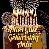 A chocolate birthday cake with glowing candles, the German text 'Alles Gute zum Geburtstag Ania,' and vibrant fireworks lighting up the background in an animated GIF.