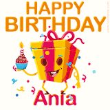 A vibrant and funny gift box character with a happy face dancing with a cupcake and the text 'Happy Birthday Ania,' surrounded by animated confetti and party vibes.