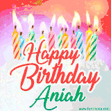 Bright birthday candles with rainbow flames on a cake, alongside the text 'Happy Birthday Aniah' in vibrant script in this celebratory animated GIF.