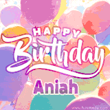 A vibrant name GIF featuring colorful balloons in shades of pink, orange, and yellow with the bold text 'Happy Birthday Aniah' in festive fonts, creating a lively birthday vibe.