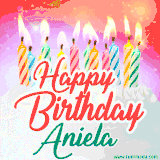 Bright birthday candles with rainbow flames on a cake, alongside the text 'Happy Birthday Aniela' in vibrant script in this celebratory animated GIF.