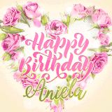 A stunning heart made of pink roses surrounds the elegant script text 'Happy Birthday Aniela' on a soft beige background. Animated sparkles add a magical and festive feel.