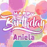 A vibrant name GIF featuring colorful balloons in shades of pink, orange, and yellow with the bold text 'Happy Birthday Aniela' in festive fonts, creating a lively birthday vibe.