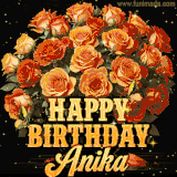 Animated bouquet of orange roses with moving butterfles and golden 'Happy Birthday Anika' text, surrounded by sparkling accents and a dark backdrop for a luxurious feel.