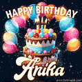 Hand-drawn happy birthday cake adorned with an arch of colorful balloons - name GIF for Anika