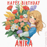 Bright floral birthday animation for Anika showing a cute cartoon girl with golden hair and expressive eyes holding a huge bouquet, surrounded by birthday text.