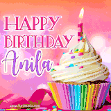 A vibrant birthday GIF featuring a rainbow-colored cupcake topped with white frosting, sprinkles, and a lit candle. The text reads 'Happy Birthday Anila' in bold pink and violet letters with white outline.