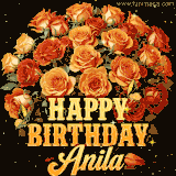 Animated bouquet of orange roses with moving butterfles and golden 'Happy Birthday Anila' text, surrounded by sparkling accents and a dark backdrop for a luxurious feel.