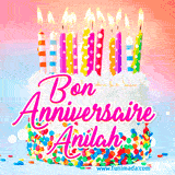 A white birthday cake covered in colorful sprinkles, topped with bright candles, and French text 'Bon Anniversaire Anilah' on a pastel gradient background in an animated GIF.