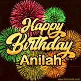Golden text reading 'Happy Birthday Anilah' surrounded by vibrant fireworks in red, green, and yellow, set against a dark background in this celebratory birthday GIF.