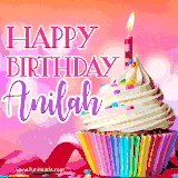 A vibrant birthday GIF featuring a rainbow-colored cupcake topped with white frosting, sprinkles, and a lit candle. The text reads 'Happy Birthday Anilah' in bold pink and violet letters with white outline.