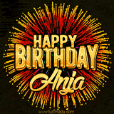 Golden 'Happy Birthday Anja' text accompanied by animated rainbow fireworks for a festive animated greeting.