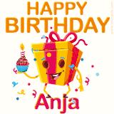 A vibrant and funny gift box character with a happy face dancing with a cupcake and the text 'Happy Birthday Anja,' surrounded by animated confetti and party vibes.