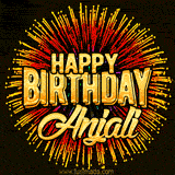 Golden 'Happy Birthday Anjali' text accompanied by animated rainbow fireworks for a festive animated greeting.