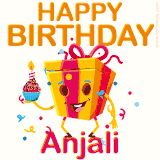 A vibrant and funny gift box character with a happy face dancing with a cupcake and the text 'Happy Birthday Anjali,' surrounded by animated confetti and party vibes.