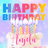 A vibrant animated name GIF with the words 'Happy Birthday Anjela' with colorful candles on a creamy cake. The background sparkles with pastel shades, adding a festive touch.
