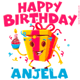 A vibrant and funny gift box character with a happy face dancing with a cupcake and the text 'Happy Birthday Anjela,' surrounded by animated confetti and party vibes.