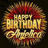 Golden 'Happy Birthday Anjelica' text accompanied by animated rainbow fireworks for a festive animated greeting.