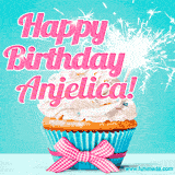 A festive cupcake with pink icing, a gingham bow, and a lit animated sparkler, paired with 'Happy Birthday Anjelica!' in bright pink text.