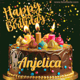 A delightful chocolate birthday cake with bright candles and 'Happy Birthday Anjelica' written in gold amidst a shower of animated stars.