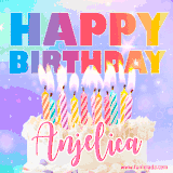 A vibrant animated name GIF with the words 'Happy Birthday Anjelica' with colorful candles on a creamy cake. The background sparkles with pastel shades, adding a festive touch.