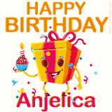 A vibrant and funny gift box character with a happy face dancing with a cupcake and the text 'Happy Birthday Anjelica,' surrounded by animated confetti and party vibes.