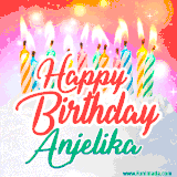 Bright birthday candles with rainbow flames on a cake, alongside the text 'Happy Birthday Anjelika' in vibrant script in this celebratory animated GIF.