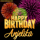A golden 'Happy Birthday Anjelika' message with vibrant fireworks in the background, creating a festive and celebratory vibe in this animated name GIF.