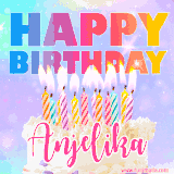 A vibrant animated name GIF with the words 'Happy Birthday Anjelika' with colorful candles on a creamy cake. The background sparkles with pastel shades, adding a festive touch.