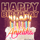A colorful birthday cake topped with lit candles, with the words 'Happy Birthday Anjelika' in bold glowing letters on a burgundy background. Animated flames add a festive touch.