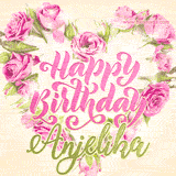 A stunning heart made of pink roses surrounds the elegant script text 'Happy Birthday Anjelika' on a soft beige background. Animated sparkles add a magical and festive feel.
