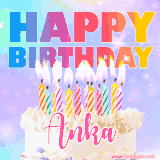 A vibrant animated name GIF with the words 'Happy Birthday Anka' with colorful candles on a creamy cake. The background sparkles with pastel shades, adding a festive touch.