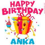 A vibrant and funny gift box character with a happy face dancing with a cupcake and the text 'Happy Birthday Anka,' surrounded by animated confetti and party vibes.