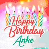 Bright birthday candles with rainbow flames on a cake, alongside the text 'Happy Birthday Anke' in vibrant script in this celebratory animated GIF.