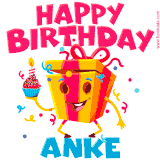 A vibrant and funny gift box character with a happy face dancing with a cupcake and the text 'Happy Birthday Anke,' surrounded by animated confetti and party vibes.