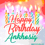 Bright birthday candles with rainbow flames on a cake, alongside the text 'Happy Birthday Ankhosig' in vibrant script in this celebratory animated GIF.