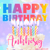 A vibrant animated name GIF with the words 'Happy Birthday Ankhosig' with colorful candles on a creamy cake. The background sparkles with pastel shades, adding a festive touch.