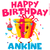 A vibrant and funny gift box character with a happy face dancing with a cupcake and the text 'Happy Birthday Ankine,' surrounded by animated confetti and party vibes.