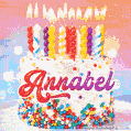 Personalized for Annabel elegant birthday cake adorned with rainbow sprinkles, colorful candles and glitter