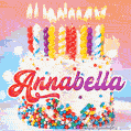 Personalized for Annabella elegant birthday cake adorned with rainbow sprinkles, colorful candles and glitter