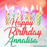 Bright birthday candles with rainbow flames on a cake, alongside the text 'Happy Birthday Annalisa' in vibrant script in this celebratory animated GIF.