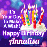 A colorful birthday GIF for Annalisa featuring a cupcake with vibrant lit candles and the text 'It's Your Day to Make a Wish! Happy Birthday Annalisa' in bold letters on a festive purple background.